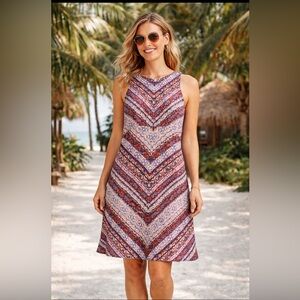 Athleta XL Sleeveless Chevron Print Swing Dress Boho Red Blue Travel